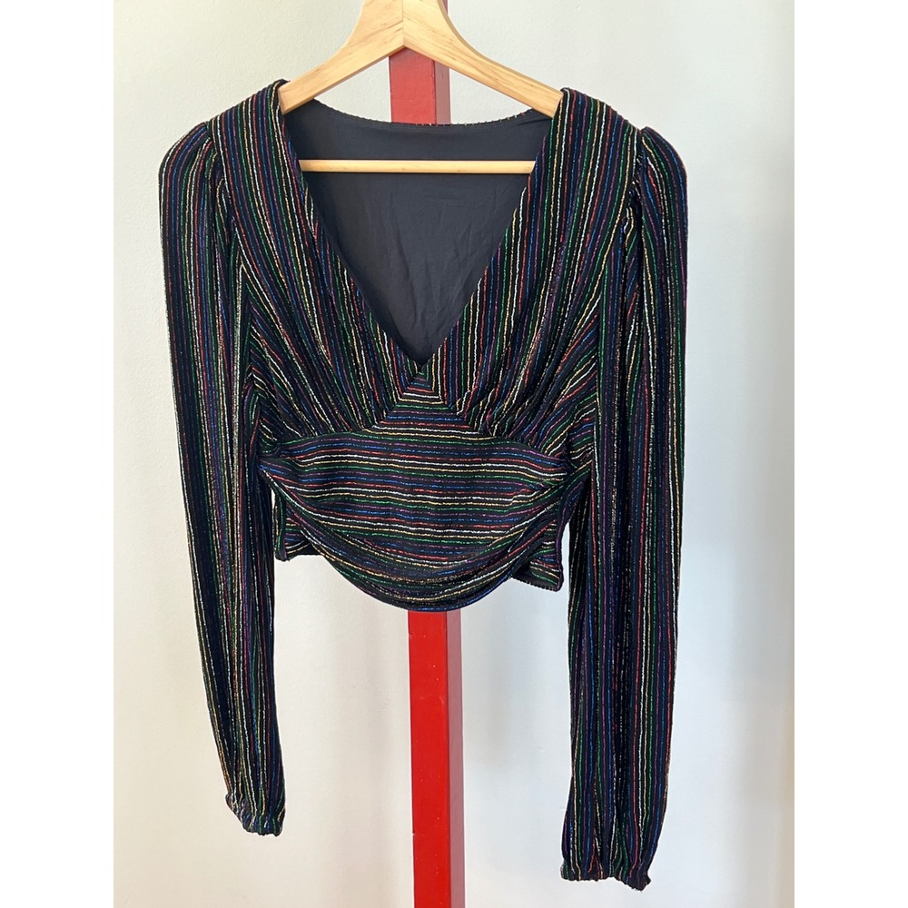 Halara Rainbow Metallic Pinstripe Crop Top Black V-Neck Long Sleeve Small
